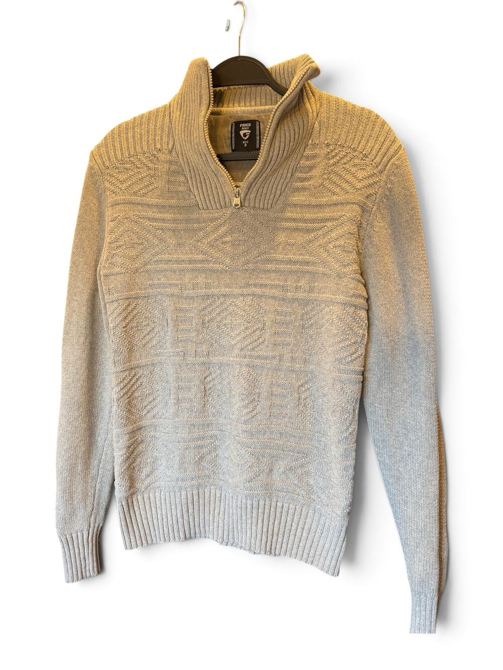 Fried Denim NYC Men’s Small Gray Geometric Knit Quarter Zip Mock Neck Sweater